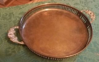 Charming Vintage Small Round Solid Brass Tray W/ornate Handles Pierced