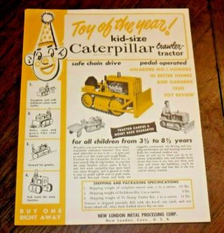 Vintage 1950 Pedal Caterpillar Crawler Tractor Toy Of The Year Brochure