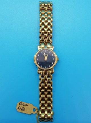 Vintage Gucci Ladies Gold Plated Black Dial Diamonds Wristwatch 3400 L