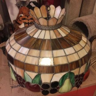 Vintage Huge 20” Tiffany Heavy Stained Glass Hanging Ceiling Lamp Light Fruit