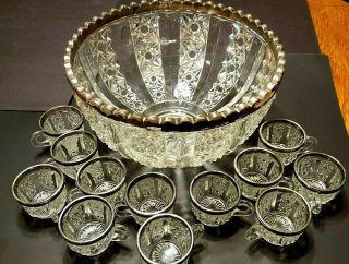 Large Punch Bowl With 12 Cups Cut Glass W/ Silver Rim Good For Wedding Gorgeous