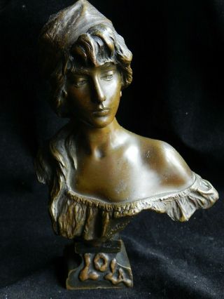 19th Century Emmanuel Villanis Bronze Bust Of Lola Foundry Marked Exc.