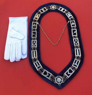Regalia Masonic Master Silver Metal Chain Collar Dark Blue Velvet,  Gloves