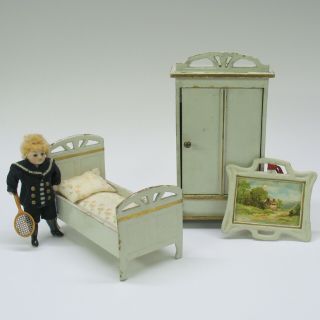 Antique 3 Piece Painted Doll House Miniature Bedroom Set Bed,  Wardrobe Picture