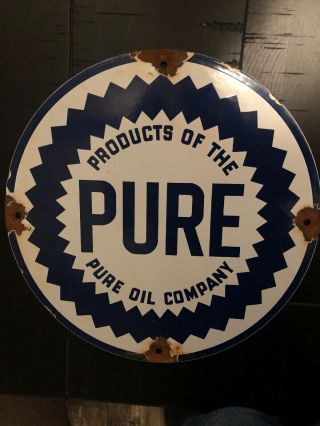 Vintage " Pure Oil Company " 11 3/4 " Porcelain Metal Service Station Gasoline Sign