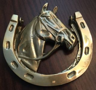 Vintage Brass Horse Head Horseshoes Door Knocker - 5” In Diameter