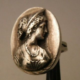Art Nouveau Victoraian Figural Woman Bust Medallion Sterling Silver Ring Sz 6.  5