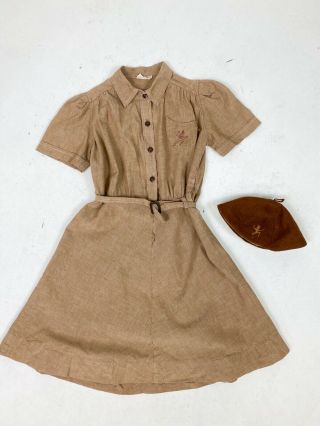 Vintage 1940s Girl Scouts Brownie Uniform Dress Wool Cap Girls S