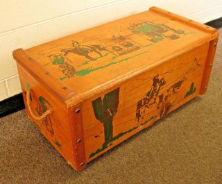 Vintage Wood Toy Box Chest Cowboy Wild Western Design