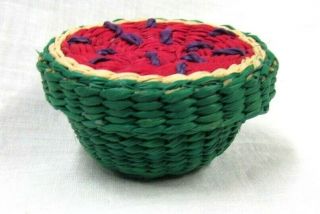 Watermelon Tiny Vtg Red Green Sweetgrass Basket With Lid 1.  5 " X.  75 " Adorable