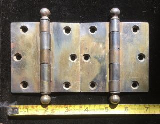 2 Antique Brass Plated Removable Pin Cannon Ball Top Door Hinge 3 - 1/2” X 3 - 1/2