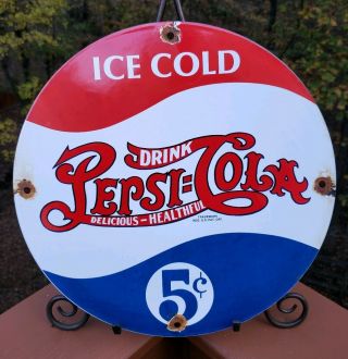 Vintage " Ice Cold " Pepsi - Cola Porcelain Advertising Sign Soda Pop