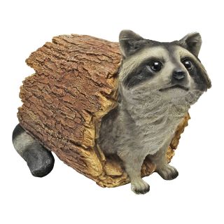 Furry Friend Wildlife Raccoon In Hollow Log Woodland Garden Animal Statue