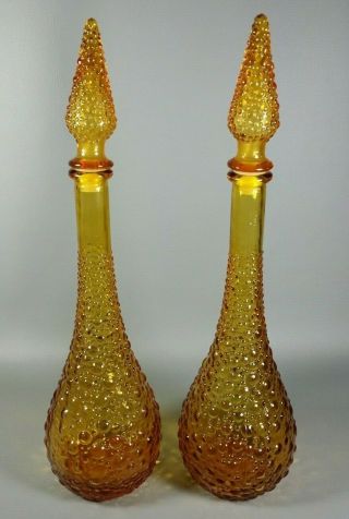Vintage Mid - Century Empoli Amber Optic Glass Genie Bottle Pair Italy Decanter