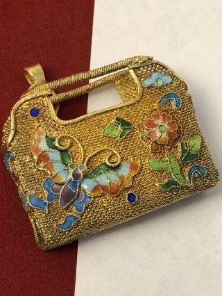 Chinese Export Sterling Silver Filigree Enamel Butterfly Purse Pendant 080119bae
