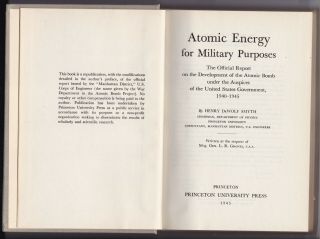 1945 Atomic Energy For Military Purpose Book H.  Dewolf Smyth Wwii History Bomb