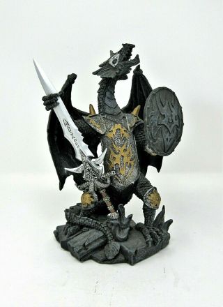 Resin Dragon Figurine In Armor With Sword 8.  25 " Tall Gold Accented