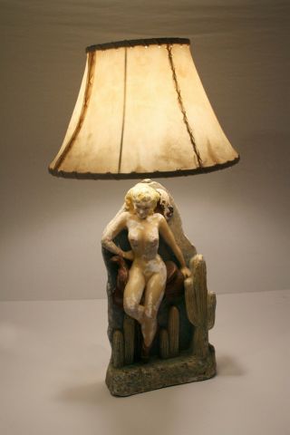 Vintage Naked Cowgirl Chalkware Lamp.  30 " Tall