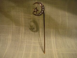 Antique Victorian Crescent Moon & Star Stick Pin (has 14k On Back Of The Moon)