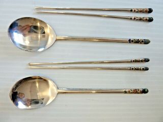 Asian Silver Spoon & Chopstick Set W/ Enameled Floral Handle Ends,  Chop Marks