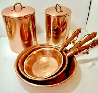 Vintage Copper Hand Hammered Copper Sauté Pans & Two Canisters