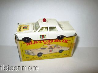 Vintage Lesney Matchbox 55 Police Patrol Car Ford Galaxie White & Box Toy Model