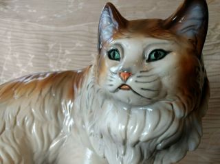 Vintage Large 16 " Ceramic Brown Orange White Tabby Persian Cat Statue Figurine