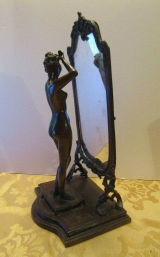 Emile Pinedo French Bronze Sculpture Woman In Front Of Mirror - Signed