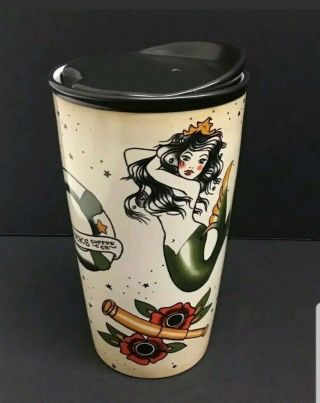Starbucks 2015 Tattoo Mermaid Siren Sailor Anchor Ceramic Travel Mug Cup 12 Oz