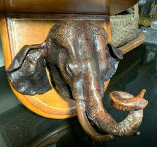 Maitland Smith Bronze Bull Elephant 10 " Crescent Wooden Wall Shelf -
