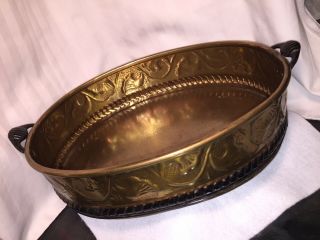 Vintage Art Nouveau Style Oval Brass Tray Basket Dish With Handles 2.  75” Deep