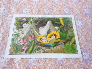 Victorian Christmas Card/de La Rue/fairies/pixies Sitting In Sunflowers/no.  47
