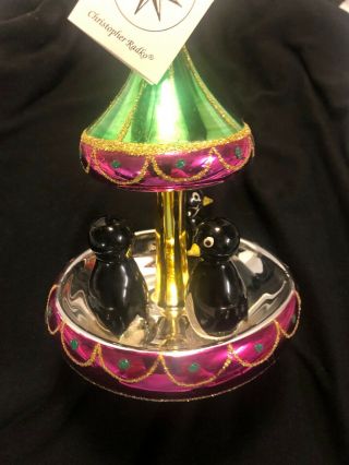 VINTAGE BLOWN GLASS CHRISTOPHER RADKO TUXEDO PENGUINS CAROUSEL Ornament W TAG 3
