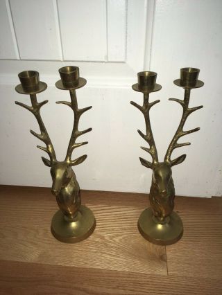 Vintage Pair Brass Deer Candle Holders Deer Stag Head Large Solid Brass India