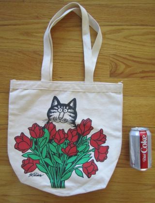 Vintage B.  Kliban Cat Canvas Tote Bag Cat Roses Love