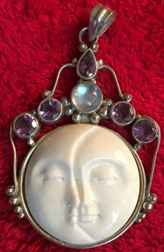 Vintage Sajen Goddess Moon Sun Amethyst Moonstone Sterling Silver Pendant