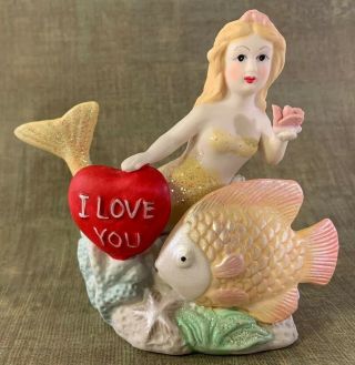 Mermaid Porcelain Figurine I Love You Heart With Yellow Fish Blue Coral Reef Vtg