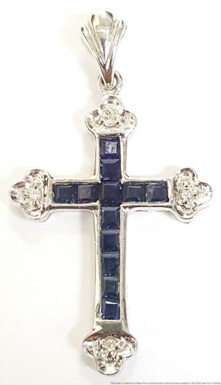 14k White Gold Natural Blue Sapphire Diamond Vintage Cross Pendant Necklace