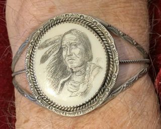 Vintage Scrimshaw Bracelet,  Set In Navajo Style Sterling Signed