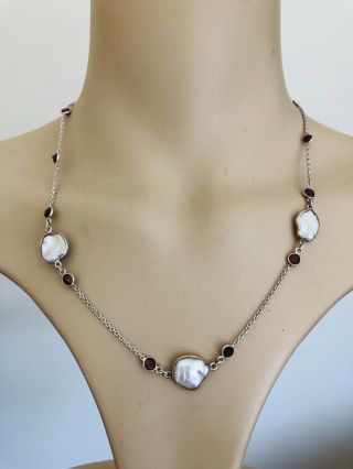 Fine Sterling Silver Garnet And Pearl Necklace,  Cultured,  Sterling,  925