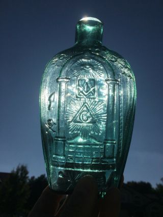 Antique Masonic Eagle Flask GIV - 1 Rare Pre - Civil War Aqua Freemason 2