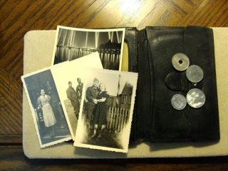 Wwii German Luftwaffe Soldiers Leather Wallet W/ Photos & Coins Vet Bring Back