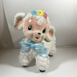 Vintage Rubens Ceramic Curly Lamb Planter Blue Baby Bow 579 Small Chip