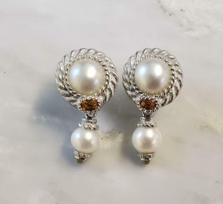 Judith Ripka Sterling Silver Pearl & Citrine Dangle Earrings 16.  7 G 10 - I6356