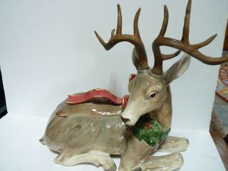 Fitz & Floyd Holiday Leaves Christmas Centerpiece Deer Reindeer Cookie Jar