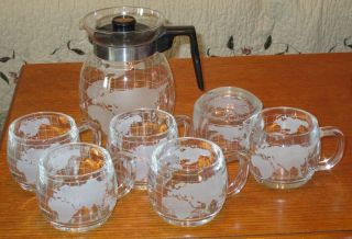 Vintage Nestle Glass World Globe Coffee Pot,  Creamer & Sugar,  & 4 Cups Set