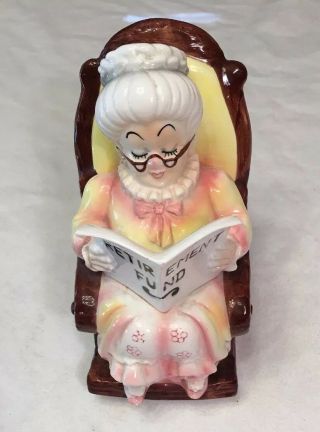 Lefton Ceramic Grandma Old Woman In Rocking Chair Retirement Fund Bank Japan