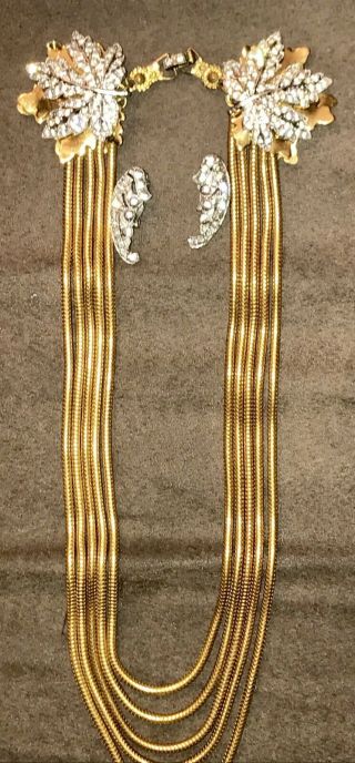 Mcclelland Barclay 5 Strand Gold W/ Rhinestone Double Maple Leaf Necklace,