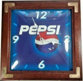 Vintage Pepsi Cola Wall Clock Blue Face Wood Frame 13 " X 13 " Advertising