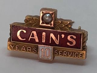 Vintage 10k Solid Gold Cain’s 10 Year Employee Service Lapel Pin - Advertising